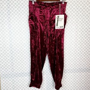 NWT Jolt The Lounge Act Burgundy Velour Belted Joggers Pant